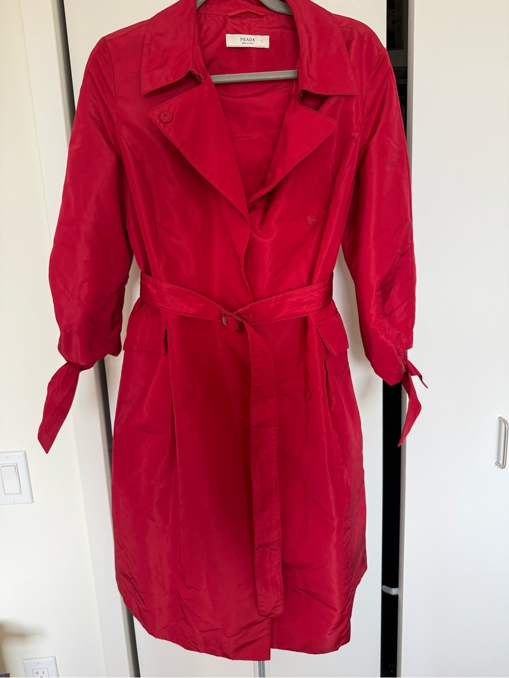 Prada Silk Blend Red Mid-Length Belted Vintage Trench Coat / Rain Jacket